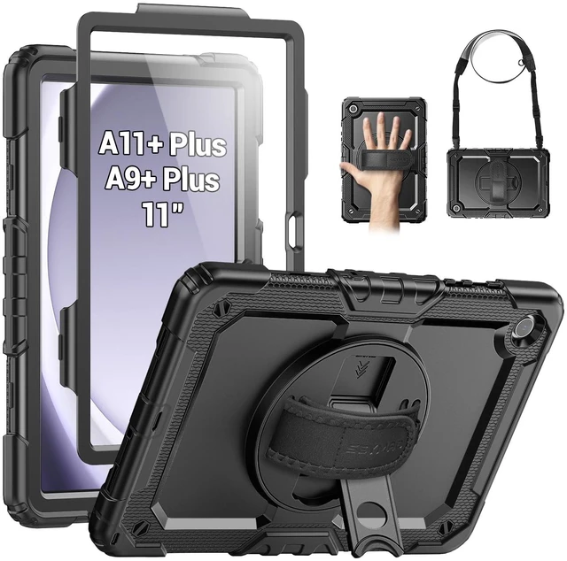 Main image of Case for Samsung Galaxy Tab A11+/A9+ Plus 11", Black | Heavy Duty Shockproof Protective, Built-in Screen Protector, Rotating Stand, Hand/Shoulder Strap
