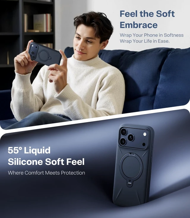 Alt view image 2 of 7 - Q3 Silicone for iPhone 17 Pro Max Case Magnetic Stand Deep Blue | Fit for MagSafe, Liquid Silicone Soft Cozy Grip, 360 Spin Magnetic Stand, Camera Control, Shockproof Protection, Anti-Scratch