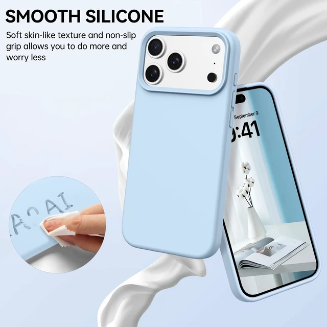 Alt view image 4 of 7 - Case for iPhone 17 Pro Max, Liquid Silicone Soft Gel Rubber iPhone 17 Pro Max Phone Case Slim Thin Phone Case with Microfiber Lining Protective Phone Cases Cover for Men Women, Light Blue