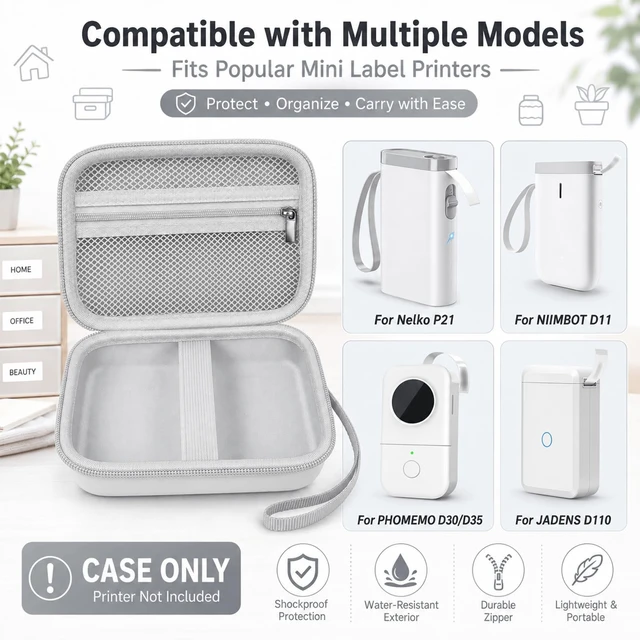 Alt view image 2 of 7 - Label Maker Case for Nelko P21, for Phomemo D30, for JADENS D11 | Elastic Strap, Mesh Pocket for Tape Rolls and Charging Accessories, Home, Office and School Organization, Box Only - White