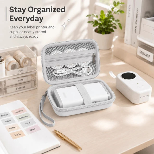 Alt view image 4 of 7 - Label Maker Case for Nelko P21, for Phomemo D30, for JADENS D11 | Elastic Strap, Mesh Pocket for Tape Rolls and Charging Accessories, Home, Office and School Organization, Box Only - White