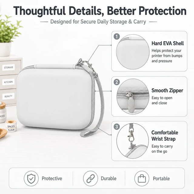 Alt view image 5 of 7 - Label Maker Case for Nelko P21, for Phomemo D30, for JADENS D11 | Elastic Strap, Mesh Pocket for Tape Rolls and Charging Accessories, Home, Office and School Organization, Box Only - White