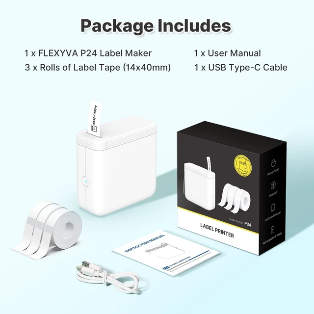 Alt view image 7 of 7 - Mini Label Maker Machine with 3 Tapes, P24 Label Makers, White | Bluetooth Thermal Label Printer with Multiple Templates, 203 DPI HD for Home, School and Office, Rechargeable and Lightweight
