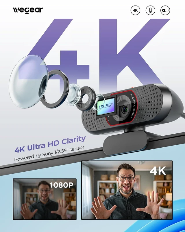 Alt view image 2 of 7 - 4K Webcam for PC, USB-A Computer Camera with Sony 1/2.55'' Sensor | 4K@30FPS & 1080P@60FPS, PDAF Autofocus, Dual Noise-Canceling Mics, Privacy Cover, 73° FOV for Meetings, Streaming & Gaming