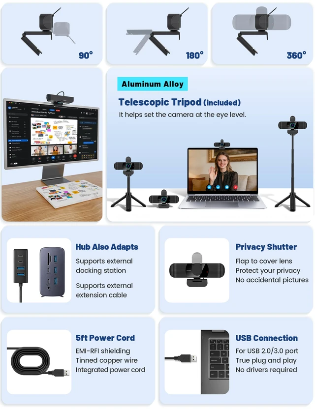 Alt view image 3 of 7 - Pro HD 1080p/30fps Webcam with Tripod, External USB Camera for PC/Laptop | Dual noise-cancelling mics | Auto-focus | Wide-angle | Low-light correction | 360° rotation | CMOS sensor | Plug and Play