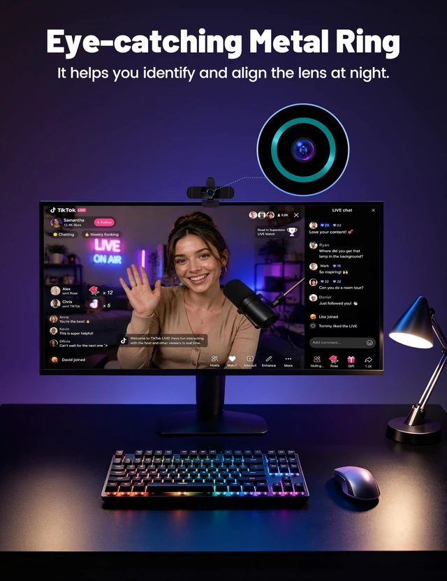 Alt view image 6 of 7 - Pro HD 1080p/30fps Webcam with Tripod, External USB Camera for PC/Laptop | Dual noise-cancelling mics | Auto-focus | Wide-angle | Low-light correction | 360° rotation | CMOS sensor | Plug and Play