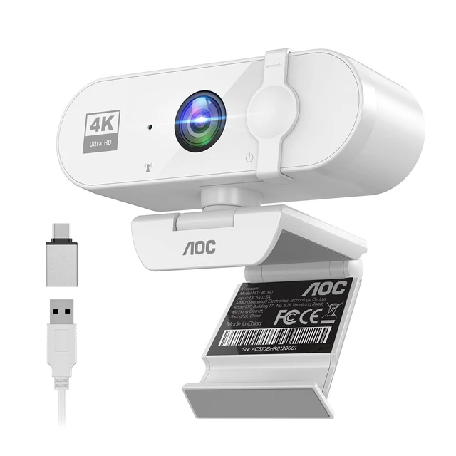 Main image of 4K Webcam for PC, Streaming Camera with Noise-Canceling Mic, White | 80° FOV, Privacy Cover, Plug & Play, Zoom/Skype/FaceTime Compatible, Works with Mac/Laptop/Switch 2, USB C-A Adapter Included