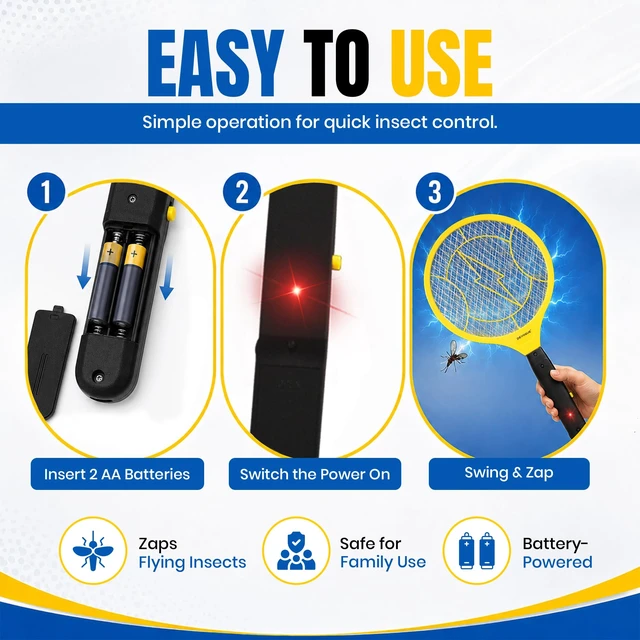 Alt view image 4 of 7 - Electric Fly Swatter - Weight Like Apple - 2AA Battery Powered (not incl.) - 3-Layer Protection Grid Bug Zapper Racket for Home Bedroom Kitchen Office Backyard Patio Indoor Outdoor