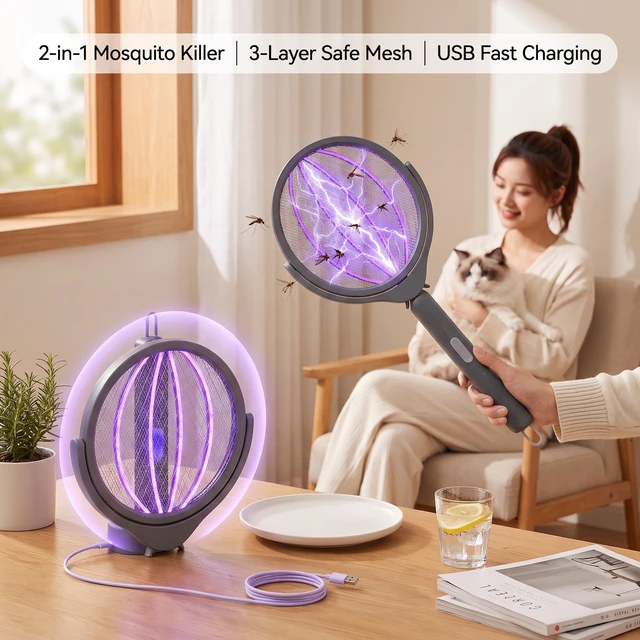 Alt view image 2 of 7 - Rotating Head Electric Fly Swatter Rechargeable, 360° Swivel Mosquito Zapper Racket with Telescopic Extension Handle, Dual Mode Bug Zapper Indoor with Purple Light Attractant, T2800V Safe Grid