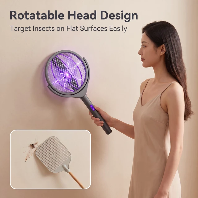 Alt view image 6 of 7 - Rotating Head Electric Fly Swatter Rechargeable, 360° Swivel Mosquito Zapper Racket with Telescopic Extension Handle, Dual Mode Bug Zapper Indoor with Purple Light Attractant, T2800V Safe Grid