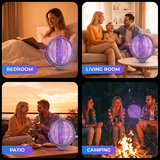 Alt view image 7 of 7 - Rotating Head Electric Fly Swatter Rechargeable, 360° Swivel Mosquito Zapper Racket with Telescopic Extension Handle, Dual Mode Bug Zapper Indoor with Purple Light Attractant, T2800V Safe Grid