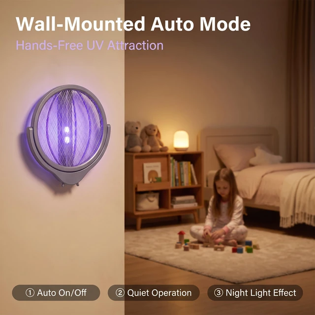 Alt view image 4 of 7 - Rotating Head Electric Fly Swatter Rechargeable, 360° Swivel Mosquito Zapper Racket with Telescopic Extension Handle, Dual Mode Bug Zapper Indoor with Purple Light Attractant, T2800V Safe Grid
