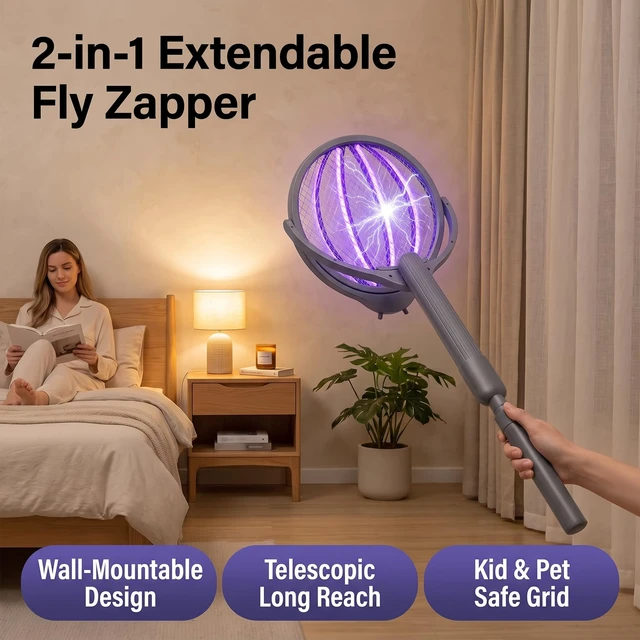 Alt view image 3 of 7 - Rotating Head Electric Fly Swatter Rechargeable, 360° Swivel Mosquito Zapper Racket with Telescopic Extension Handle, Dual Mode Bug Zapper Indoor with Purple Light Attractant, T2800V Safe Grid