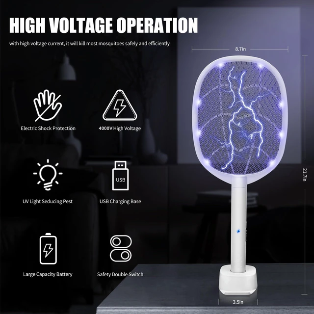 Alt view image 2 of 7 - 2-in-1 Electric Bug Zapper Racket, 1 Pack | High Voltage LED Lighted Handheld Mosquito Swatter with 3 Layer Safety Mesh, USB Charging Portable Fly Killer Racquet