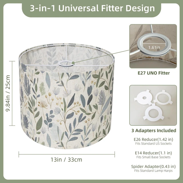 Alt view image 4 of 6 - Drum Lamp Shade 13 x 13 x 10 inch, Sage Green Botanical Print Linen Lampshade Replacement for Table Lamps & Floor Lamps, E26 E27 Compatible Spider Fitter Lamp Shade for Bedroom Living Room