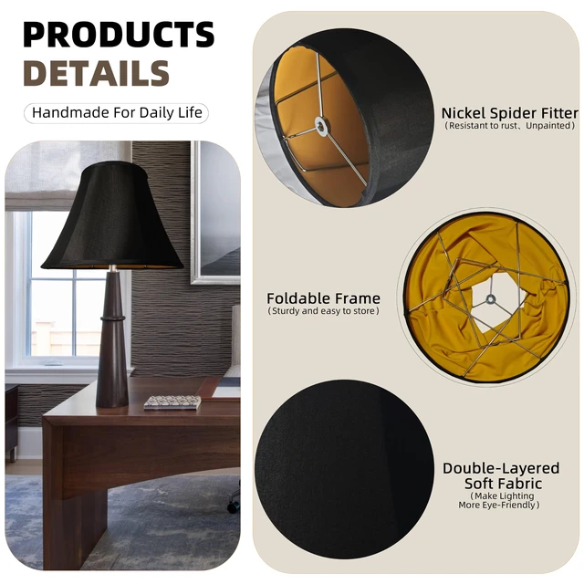 Alt view image 2 of 7 - Black Bell Lamp Shade, Large 8" x 16" x 12",Replacement Lampshade | 0.4" Spider Fitter,Double-layer Fabric,Folds for Easy Storage,Bell shade for Table Lamps, Floor Lamps,Easy Assembly