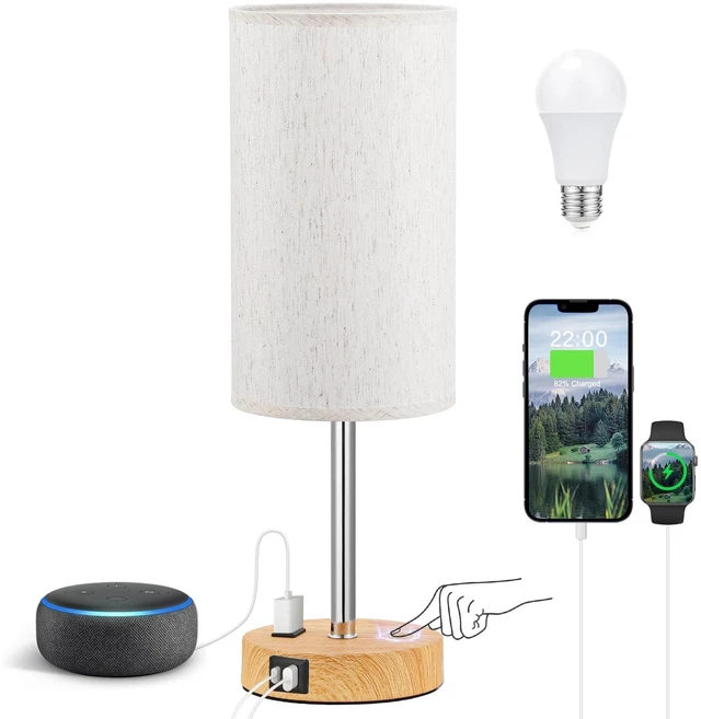 Main image of 17.4" Bedside Lamp for Bedroom - Dimmable Touch, USB A+C, AC Outlet | 3-Way Dimmable, LED Bulb Included, Fabric Lampshade, Wood-Grain Metal Base, 17.4" Table Lamp for Nightstand, Living Room