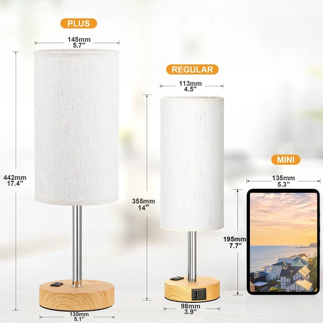 Alt view image 2 of 7 - 17.4" Bedside Lamp for Bedroom - Dimmable Touch, USB A+C, AC Outlet | 3-Way Dimmable, LED Bulb Included, Fabric Lampshade, Wood-Grain Metal Base, 17.4" Table Lamp for Nightstand, Living Room