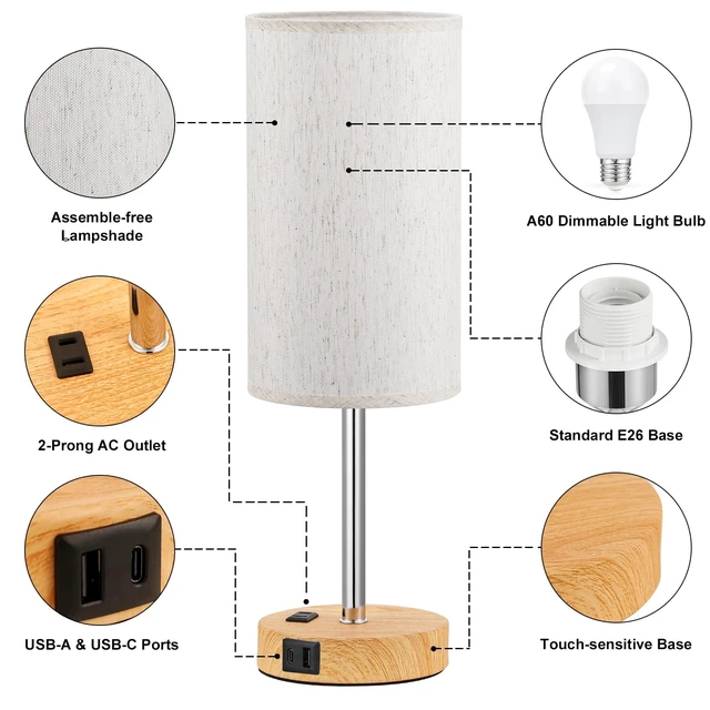 Alt view image 6 of 7 - 17.4" Bedside Lamp for Bedroom - Dimmable Touch, USB A+C, AC Outlet | 3-Way Dimmable, LED Bulb Included, Fabric Lampshade, Wood-Grain Metal Base, 17.4" Table Lamp for Nightstand, Living Room