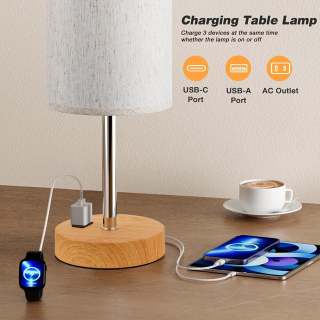 Alt view image 4 of 7 - 17.4" Bedside Lamp for Bedroom - Dimmable Touch, USB A+C, AC Outlet | 3-Way Dimmable, LED Bulb Included, Fabric Lampshade, Wood-Grain Metal Base, 17.4" Table Lamp for Nightstand, Living Room
