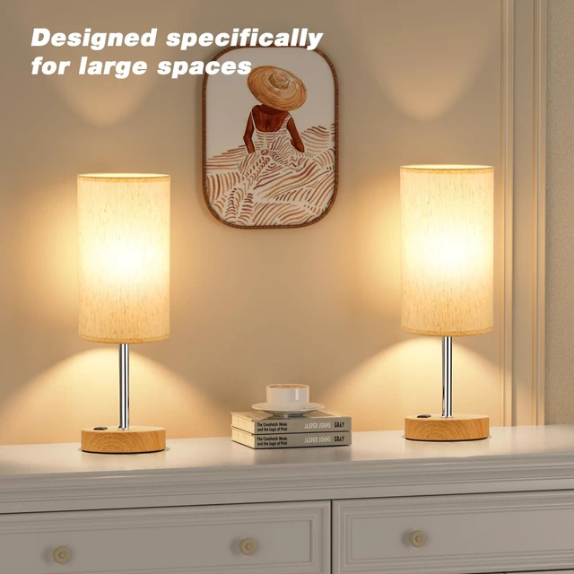 Alt view image 7 of 7 - 17.4" Bedside Lamp for Bedroom - Dimmable Touch, USB A+C, AC Outlet | 3-Way Dimmable, LED Bulb Included, Fabric Lampshade, Wood-Grain Metal Base, 17.4" Table Lamp for Nightstand, Living Room