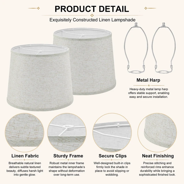 Alt view image 3 of 7 - 2 Pack Drum Lampshades, 11" Top x 13" Bottom x 10" High, Beige Lamp Shades | Medium Replacement Lamp Shades for Table/Floor/Wall Lamp, Farmhouse Line Lampshades, Spider Fitter, Easy Assembly Required
