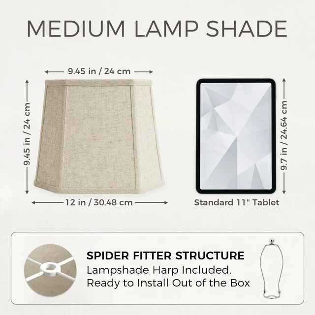 Alt view image 3 of 7 - 1-Pack Beige Square Cut Corner Lamp Shade, 9.45" Top x 12" Bottom x 9.45" Height, Natural Linen Lampshade for Table Lamps, Spider Fitter Replacement Shade, Harp Included, Easy Assembly Required
