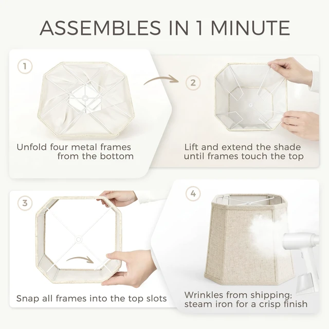Alt view image 7 of 7 - 1-Pack Beige Square Cut Corner Lamp Shade, 9.45" Top x 12" Bottom x 9.45" Height, Natural Linen Lampshade for Table Lamps, Spider Fitter Replacement Shade, Harp Included, Easy Assembly Required