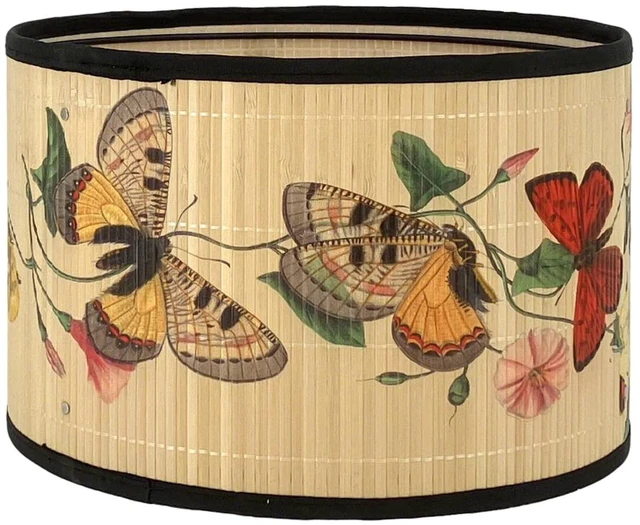 Main image of Vintage Bamboo Drum Lamp Shade with Decorative Pattern, 11.8" Diameter x 7.9" Height, Classic Style, for Table Lamp, Easy Installation (Butterfly A)