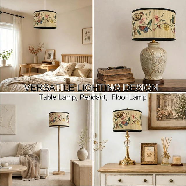 Alt view image 2 of 7 - Vintage Bamboo Drum Lamp Shade with Decorative Pattern, 11.8" Diameter x 7.9" Height, Classic Style, for Table Lamp, Easy Installation (Butterfly A)