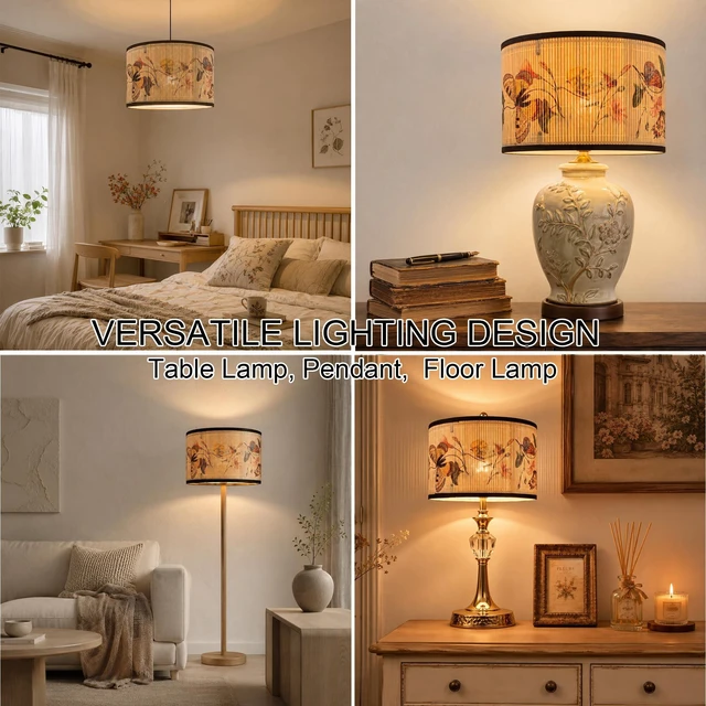 Alt view image 3 of 7 - Vintage Bamboo Drum Lamp Shade with Decorative Pattern, 11.8" Diameter x 7.9" Height, Classic Style, for Table Lamp, Easy Installation (Butterfly A)
