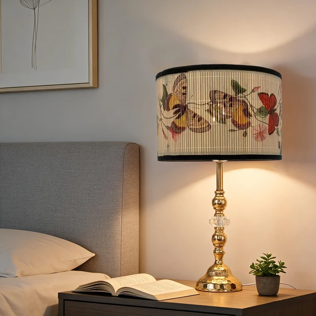 Alt view image 7 of 7 - Vintage Bamboo Drum Lamp Shade with Decorative Pattern, 11.8" Diameter x 7.9" Height, Classic Style, for Table Lamp, Easy Installation (Butterfly A)