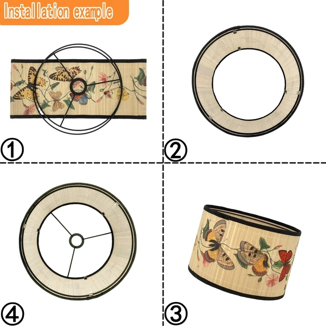 Alt view image 5 of 7 - Vintage Bamboo Drum Lamp Shade with Decorative Pattern, 11.8" Diameter x 7.9" Height, Classic Style, for Table Lamp, Easy Installation (Butterfly A)