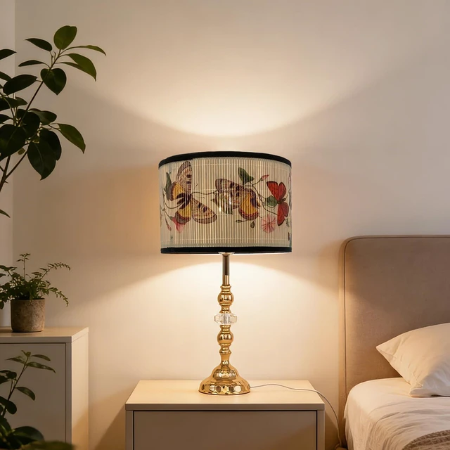 Alt view image 6 of 7 - Vintage Bamboo Drum Lamp Shade with Decorative Pattern, 11.8" Diameter x 7.9" Height, Classic Style, for Table Lamp, Easy Installation (Butterfly A)
