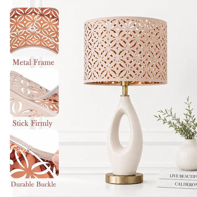 Alt view image 2 of 7 - Drum Lampshades for Table Lamps, Pink Lampshades Set of 2, 13" Top x13" Bottom x 10" High, Lampshades with Flower Carved for floor lamps, Natural Fabric Handcrafted with Easy Assembly