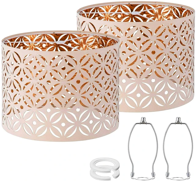 Main image of Drum Lampshades for Table Lamps, Pink Lampshades Set of 2, 13" Top x13" Bottom x 10" High, Lampshades with Flower Carved for floor lamps, Natural Fabric Handcrafted with Easy Assembly
