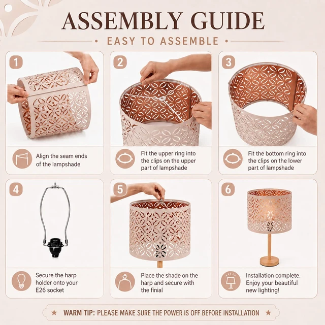 Alt view image 4 of 7 - Drum Lampshades for Table Lamps, Pink Lampshades Set of 2, 13" Top x13" Bottom x 10" High, Lampshades with Flower Carved for floor lamps, Natural Fabric Handcrafted with Easy Assembly