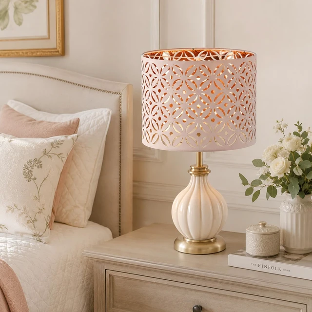 Alt view image 7 of 7 - Drum Lampshades for Table Lamps, Pink Lampshades Set of 2, 13" Top x13" Bottom x 10" High, Lampshades with Flower Carved for floor lamps, Natural Fabric Handcrafted with Easy Assembly