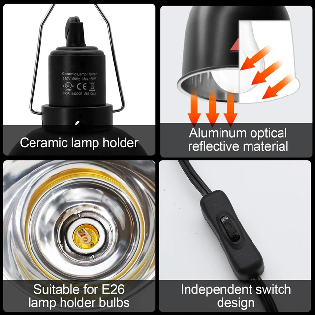 Alt view image 4 of 7 - Reptile Light Fixture, 2 Packs 5.5 Inch Deep Dome Lampshade, Reptile Heat Lamp Fixture with Separate Switches Fit for UVB Bulb Basking Heat Bulb for Reptile Glass Terrariums
