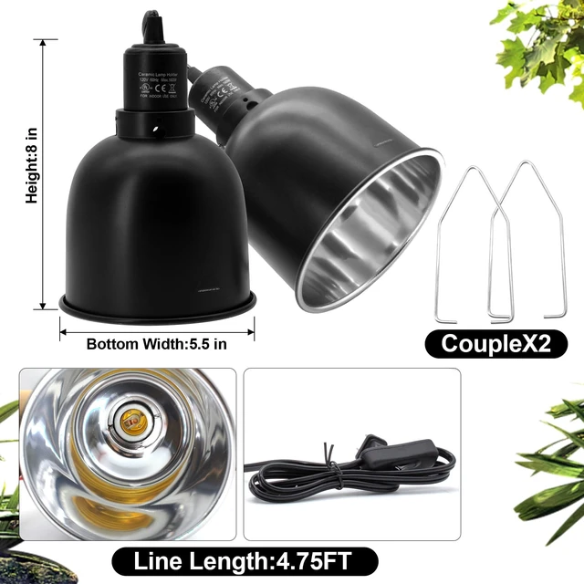 Alt view image 7 of 7 - Reptile Light Fixture, 2 Packs 5.5 Inch Deep Dome Lampshade, Reptile Heat Lamp Fixture with Separate Switches Fit for UVB Bulb Basking Heat Bulb for Reptile Glass Terrariums