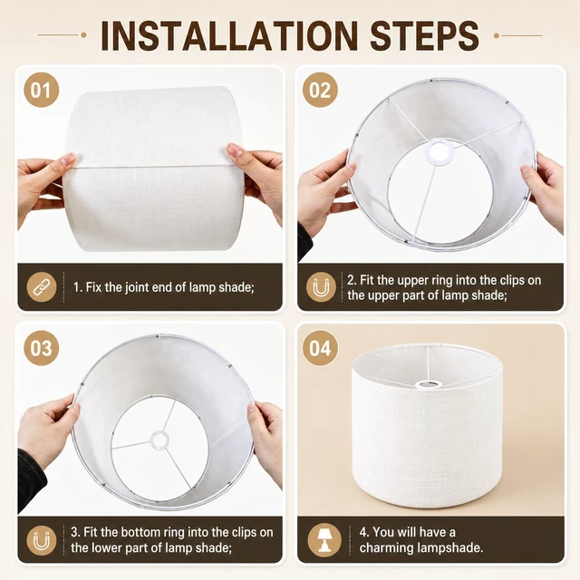 Alt view image 5 of 7 - drum Fabric White lamp shades Set of 2 for table lamps 13" Top x 13" Bottom x 10" High,Qvtekn Medium Lampshades for floor and desk lamps, Natural Linen Handcrafted with Easy Assembly