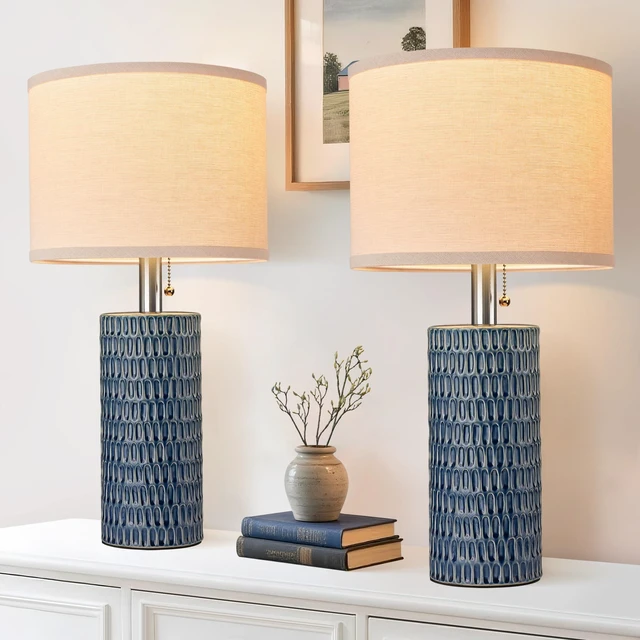 Main image of 20.5Modern Ceramic Table Lamps for Bedroom Set of 2, Dark Blue | Small Table Lamps for Living Room, Bedside, Night Stands, End Table, Entryway, Desk, Farmhouse Home Decor, Beige Lampshade