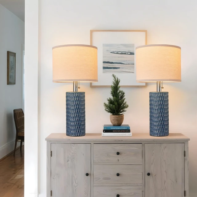 Alt view image 3 of 7 - 20.5Modern Ceramic Table Lamps for Bedroom Set of 2, Dark Blue | Small Table Lamps for Living Room, Bedside, Night Stands, End Table, Entryway, Desk, Farmhouse Home Decor, Beige Lampshade