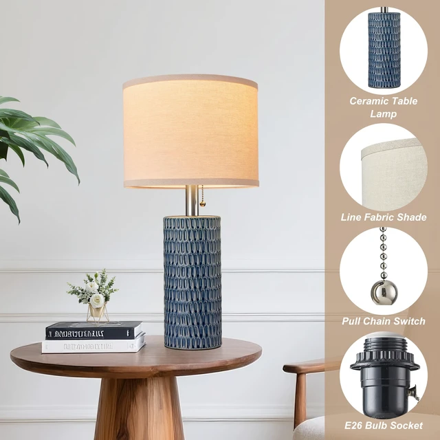 Alt view image 5 of 7 - 20.5Modern Ceramic Table Lamps for Bedroom Set of 2, Dark Blue | Small Table Lamps for Living Room, Bedside, Night Stands, End Table, Entryway, Desk, Farmhouse Home Decor, Beige Lampshade