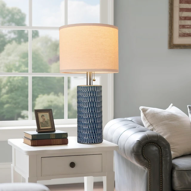 Alt view image 4 of 7 - 20.5Modern Ceramic Table Lamps for Bedroom Set of 2, Dark Blue | Small Table Lamps for Living Room, Bedside, Night Stands, End Table, Entryway, Desk, Farmhouse Home Decor, Beige Lampshade
