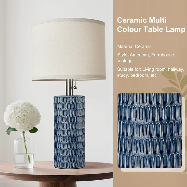 Alt view image 6 of 7 - 20.5Modern Ceramic Table Lamps for Bedroom Set of 2, Dark Blue | Small Table Lamps for Living Room, Bedside, Night Stands, End Table, Entryway, Desk, Farmhouse Home Decor, Beige Lampshade
