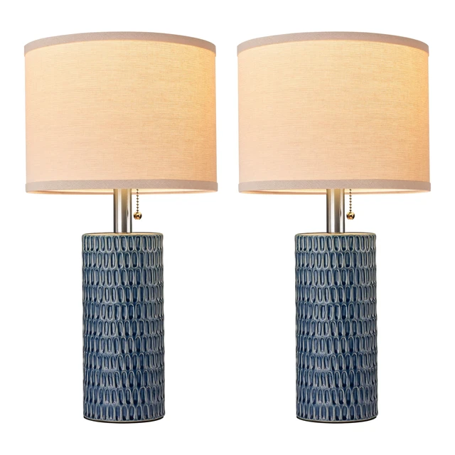 Alt view image 7 of 7 - 20.5Modern Ceramic Table Lamps for Bedroom Set of 2, Dark Blue | Small Table Lamps for Living Room, Bedside, Night Stands, End Table, Entryway, Desk, Farmhouse Home Decor, Beige Lampshade