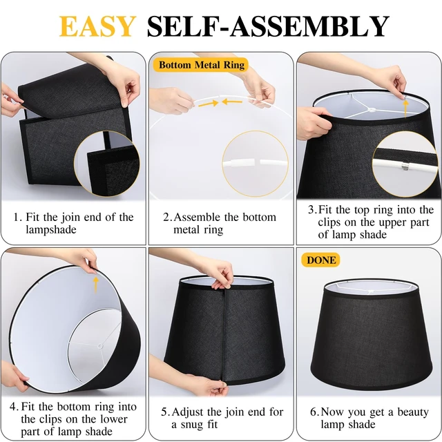 Alt view image 6 of 7 - Black Drum Lamp Shades Set of 2, Large Shade 12"Top x 16"Bottom x 11"High | Fabric Lamp Shades for Floor Lamps, Lampshades for Table Lamps, E26 Base Harp Holders Included, Spider, Easy Assembly