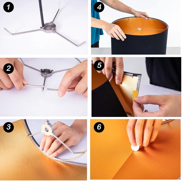 Alt view image 3 of 7 - BlackGold Set of 2 Lampshade Requires Self-assembly,16" Dia x12" H | Drum Classic Modern Style Replacement Lamp Shades, Fabric Lampshades for Table Lamps Floor Lamps, Metal Spider Fitter