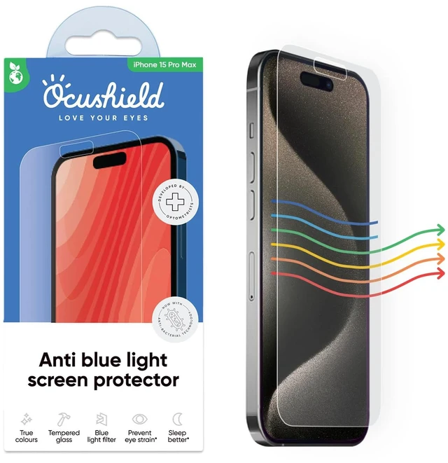 Main image of Anti Blue Light Tempered Glass Screen Protector of iPhone 15 Pro Max (6.7") Blocks Blue Light, Prevents Eye Strain & Helps You Sleep Better, 9H Hardness & Case Friendly
